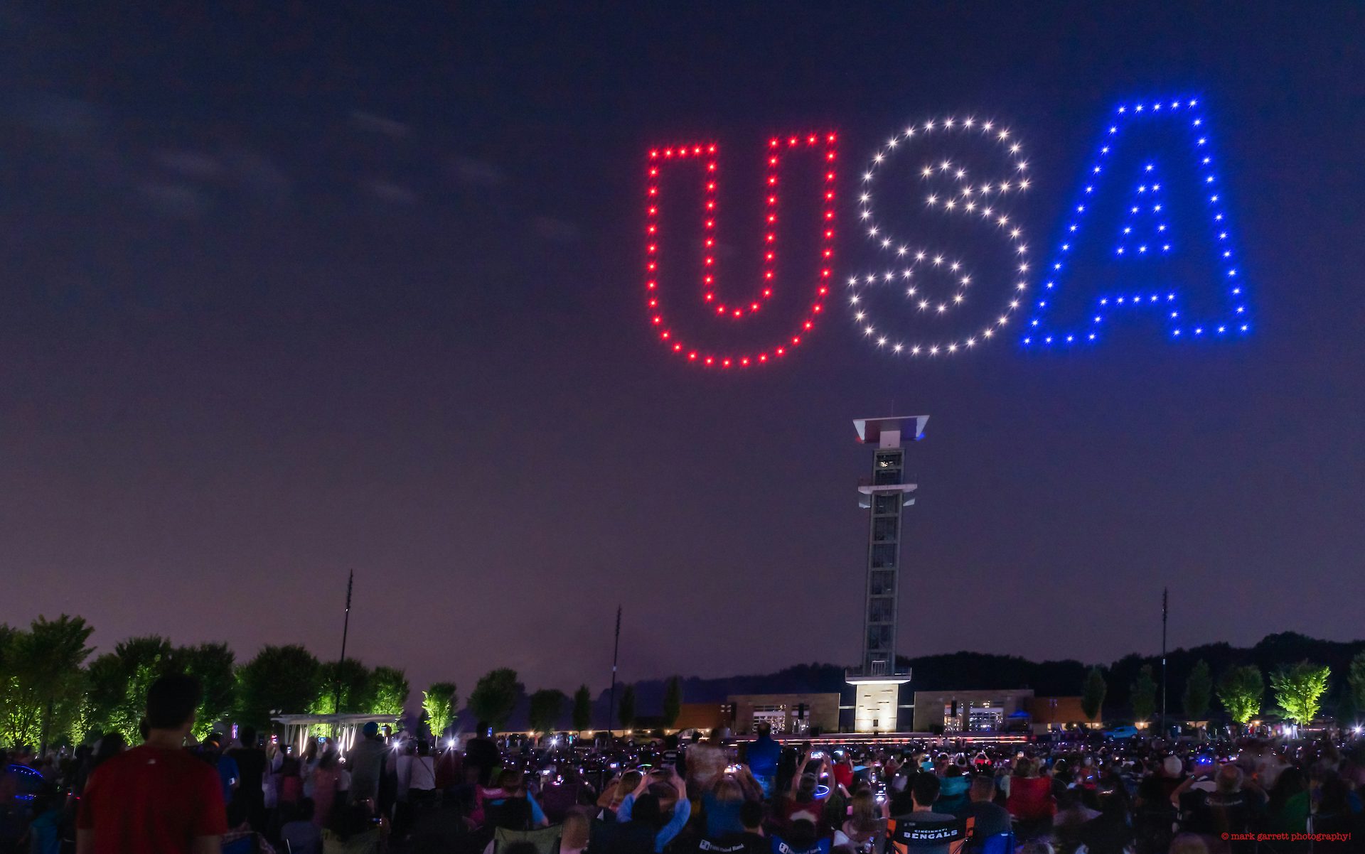 Verge Aero flies USA as letters using a swarm of light show drones on the 4th of July.