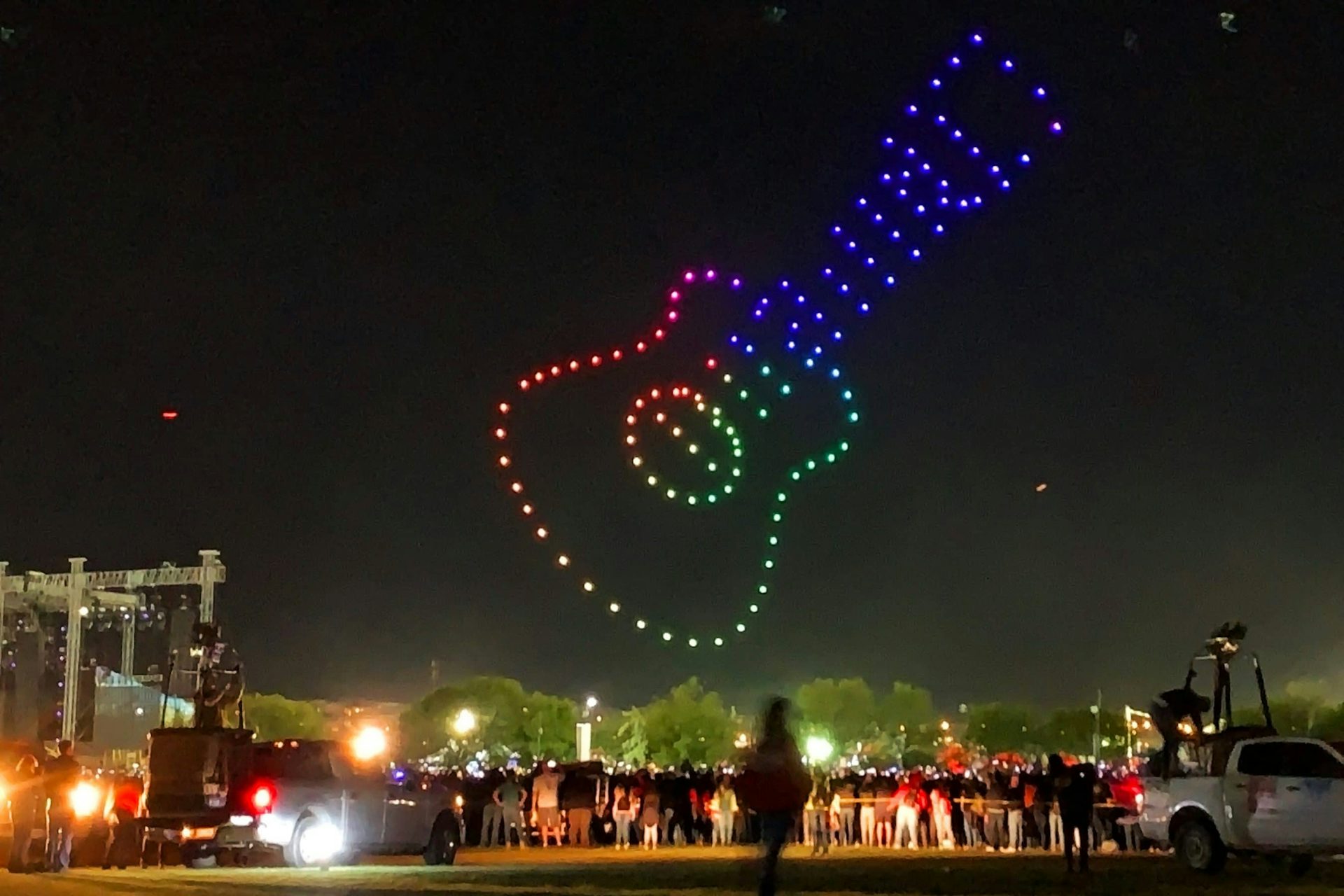 Verge Aero flies a guitar made of light show drones in Leon, Mexico at Festival Internacional del Globo in 2019