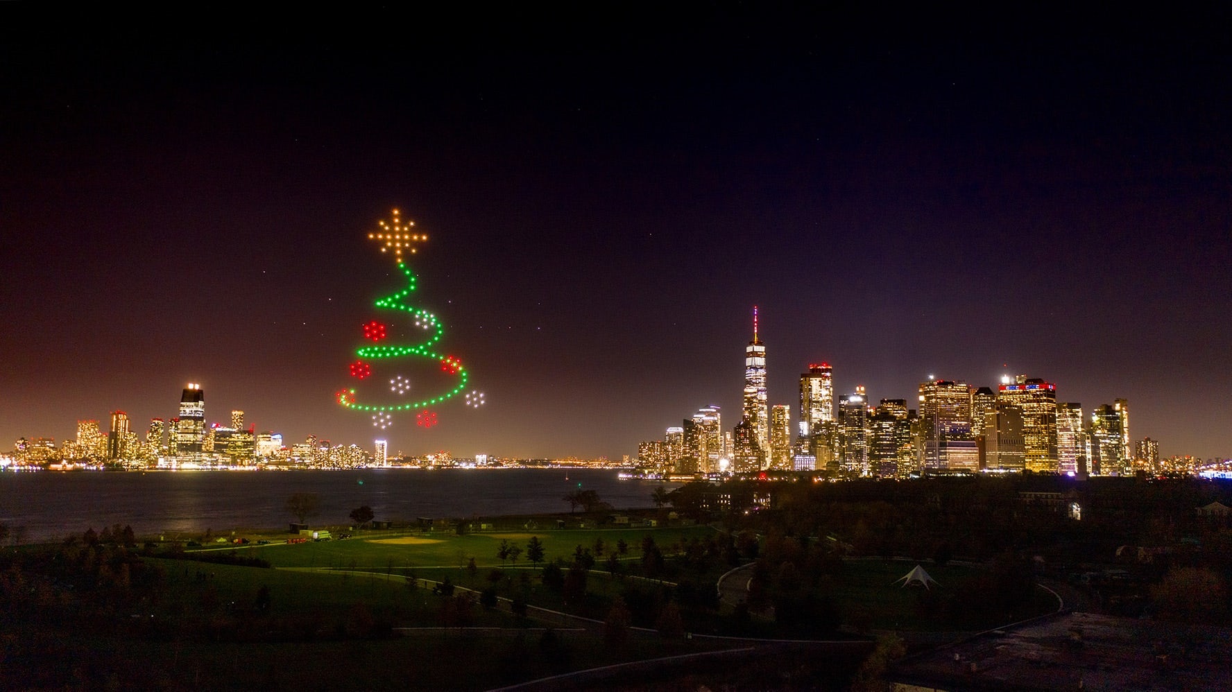 Verge Aero flies a Christmas tree over Governors Island for the holidays