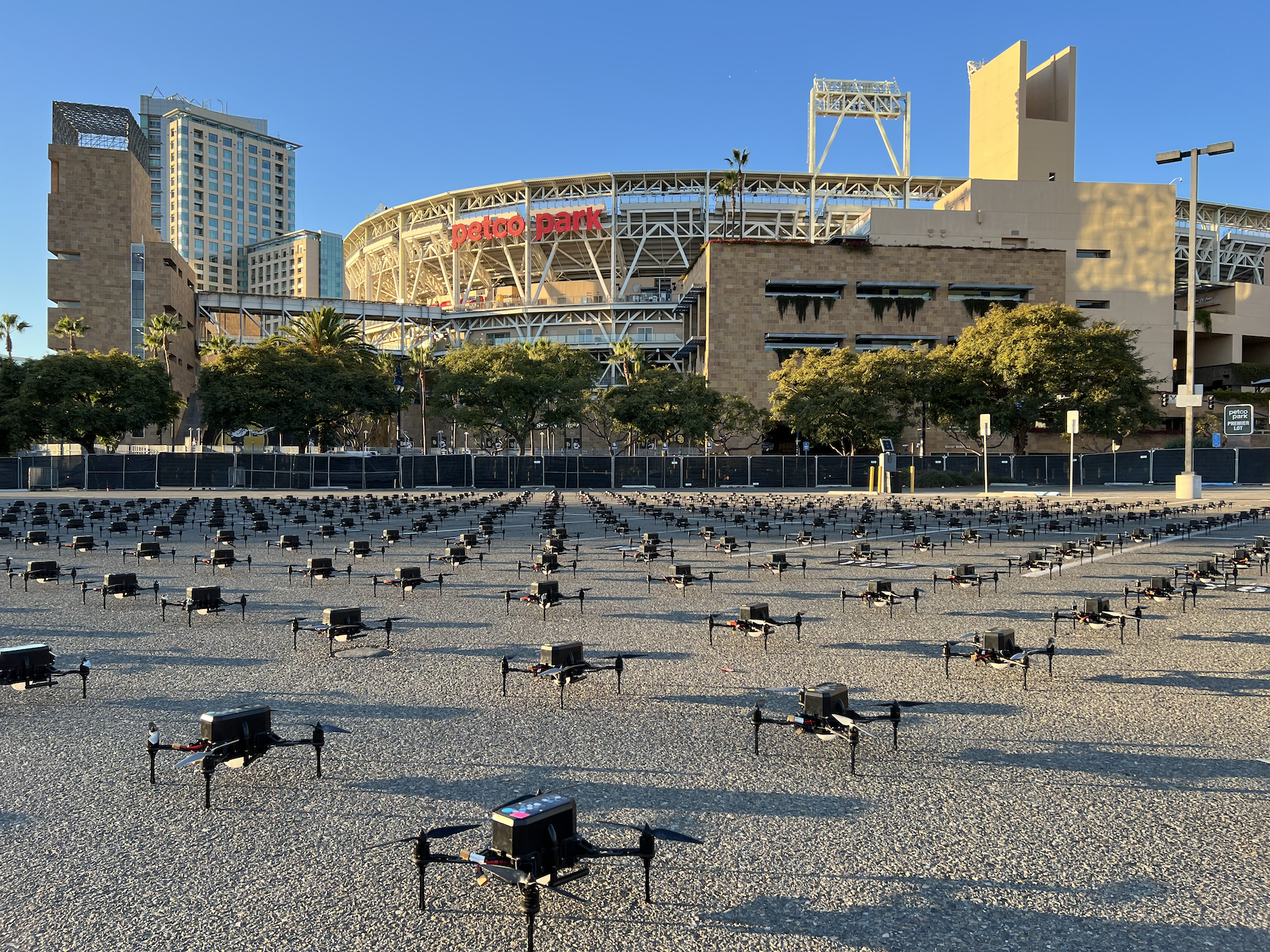 Verge Aero team setting up a drone show in a parking lot in San Diego, CA